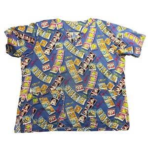 Cottonality V-Neck Scrub Top Blue Cartoon Animal Smile Print Plus Size Workwear